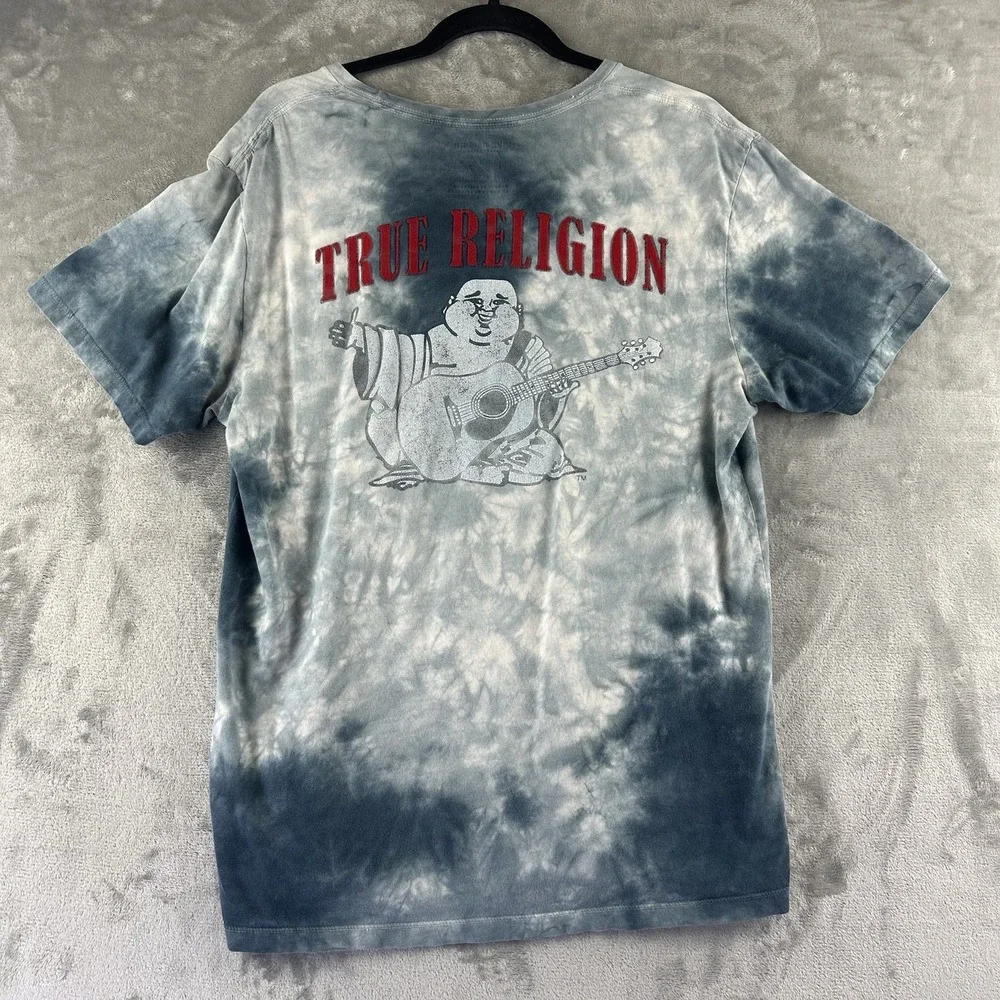 True Religion T-Shirt Men's L Ocean Waves Blue Tie Dye Buddha Short Sleeve